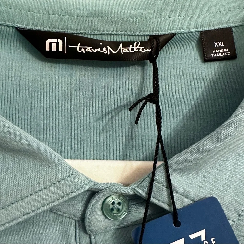 Travis Mathew NWT Galloway National GC Polo Logo Teal Green Gray Stripe XXL